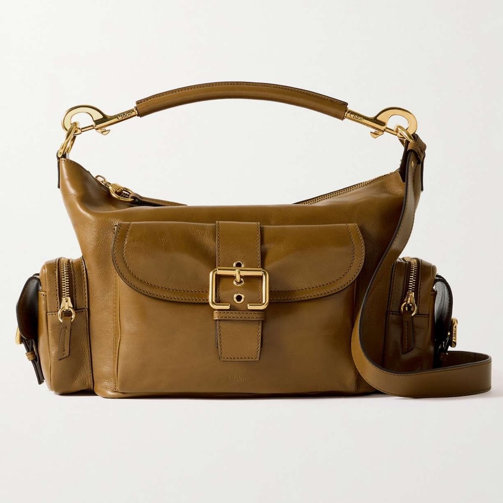 Chloe Camera Bag Purse in Shiny Leather Dark Khaki Green / Brown